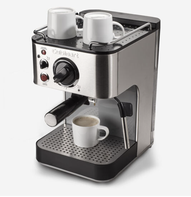 A stainless steel Cuisinart espresso maker with two white cups on top.